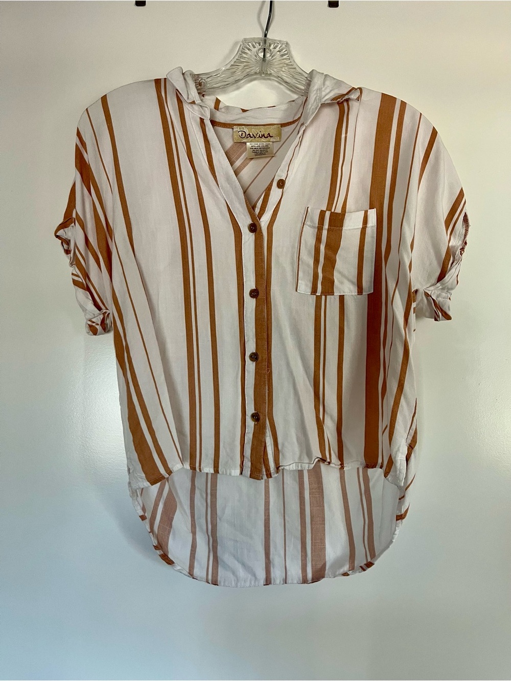 Davina White and Rust-Striped Hooded Button Front Top